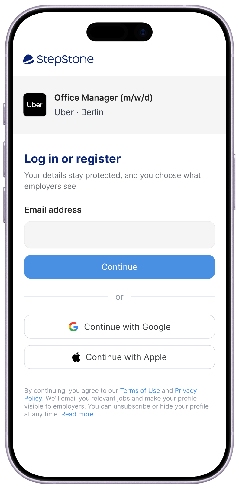 StepStone (Germany) sign-in screen: email first, security-led message, social logins below the divider