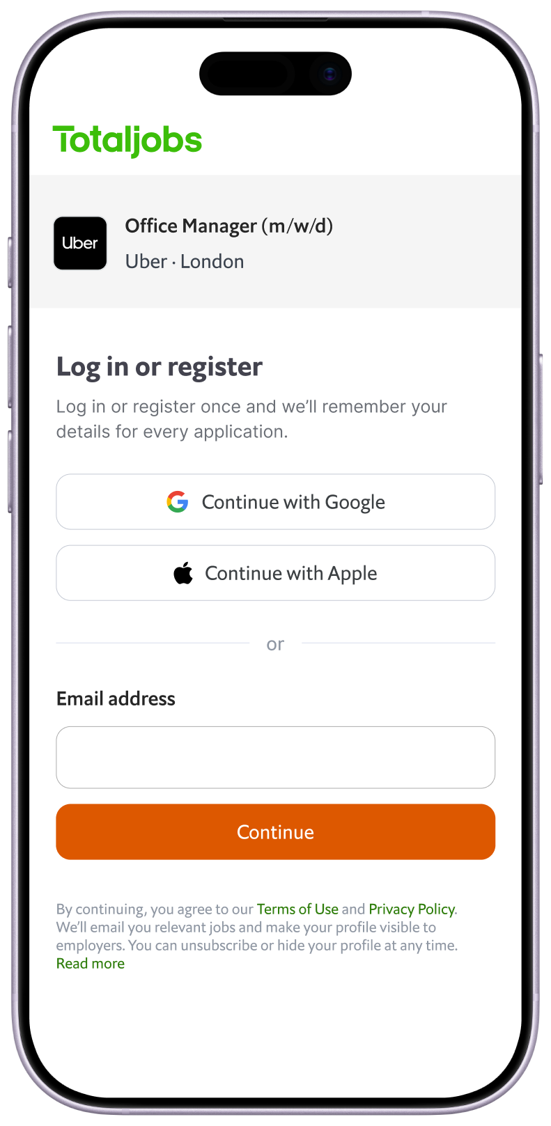 Totaljobs (UK) sign-in screen: Google and Apple first, remember-my-details message, email below the divider